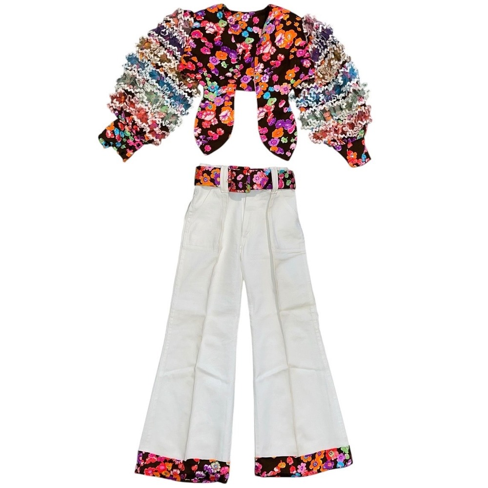 Vintage 60s 70s Kids Floral Bolero Ruffle Sleeve Jacket and Wide Leg Pants Set